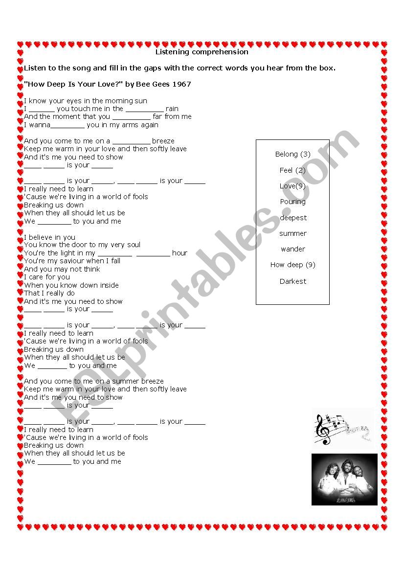 How deep is your love? song and nurs…: English ESL worksheets pdf & doc