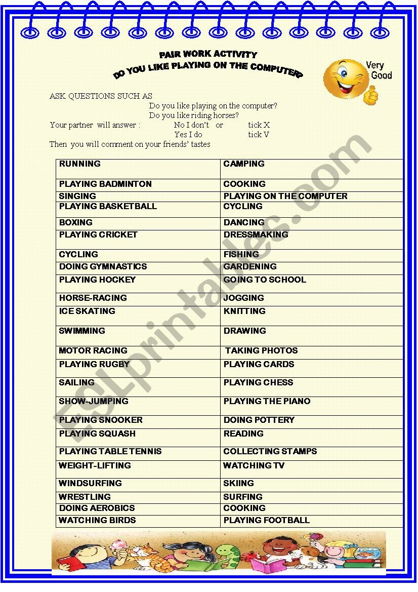 Do you like playing  on the computer?, Pair work activity