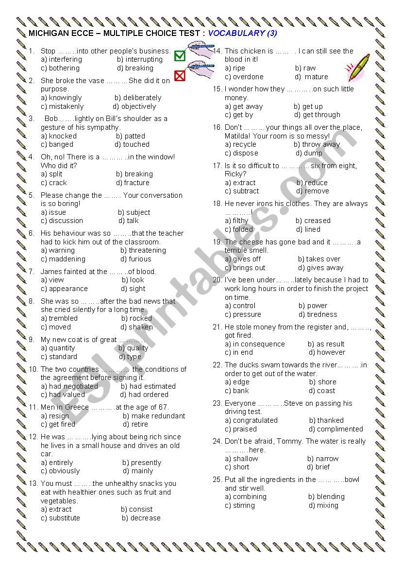 MULTIPLE CHOICE QUESTIONS ECCE Vocabulary revision 3 - with KEY