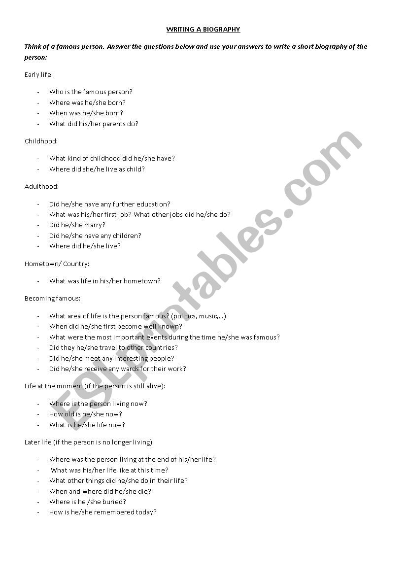 WRITING A BIOGRAPHY worksheet