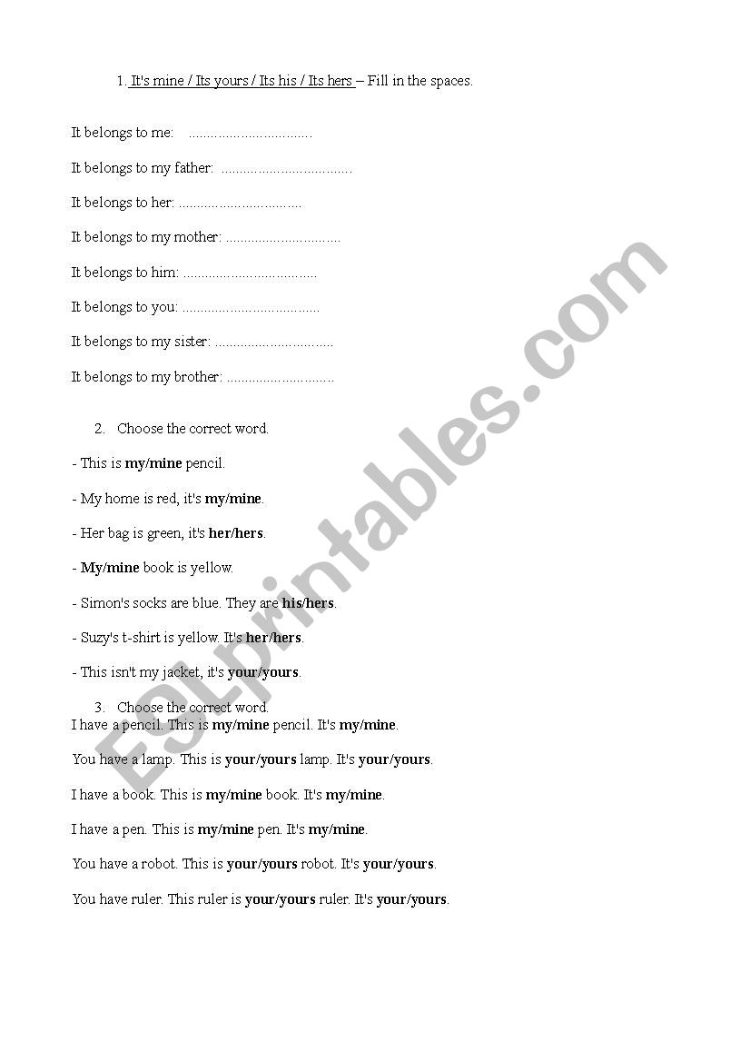 Its Mine / Its Yours worksheet