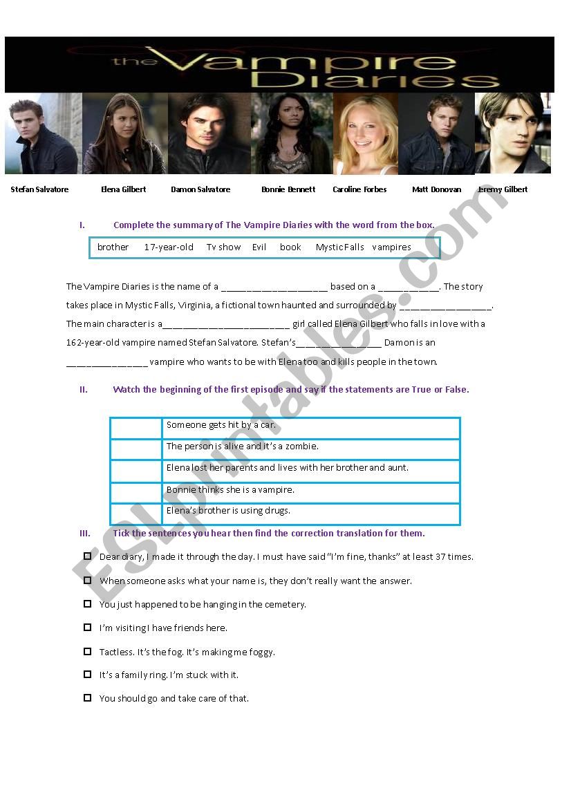 The vampire Diaries  pilot worksheet