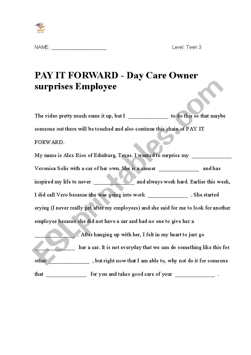 Pay it forward - day care worksheet