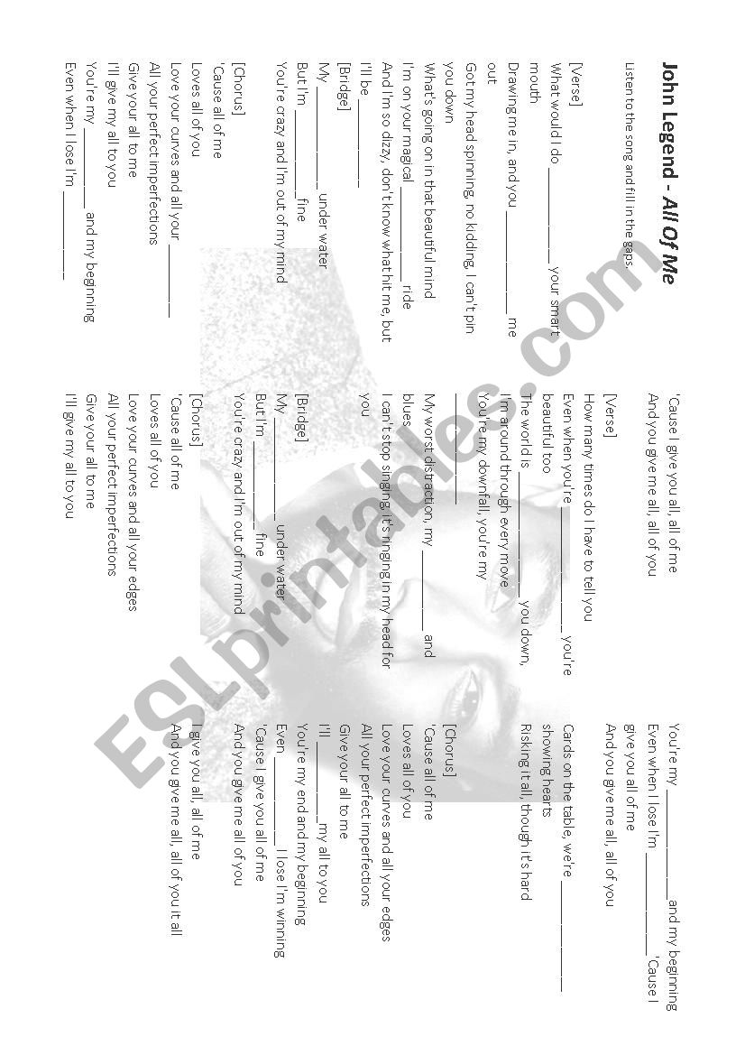 John Legend - All of me song worksheet