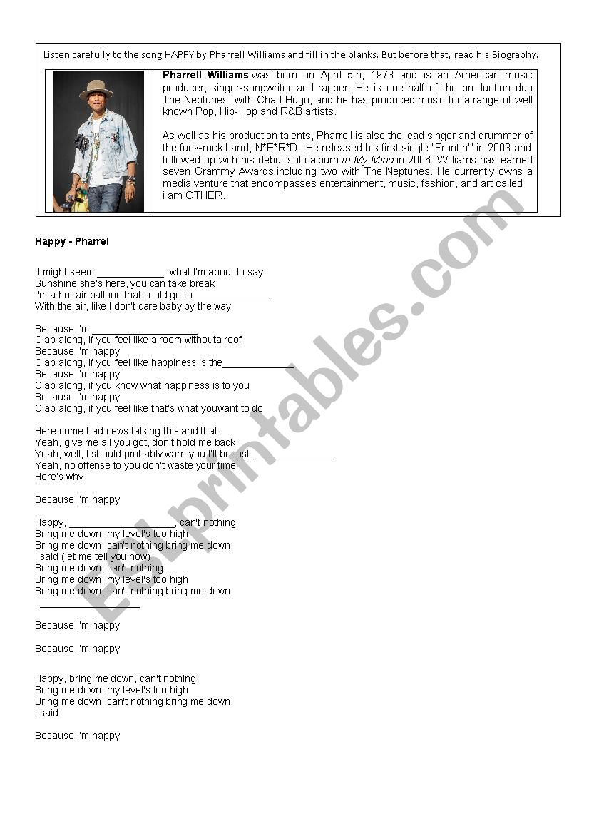 Happy - Pharrell worksheet