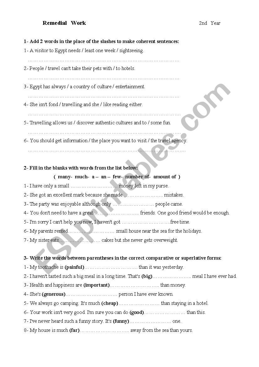 Remedial work worksheet