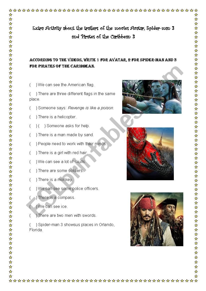 Activity about the movies Avatar, Spider-man 3 and Pirates of the Caribbean 3