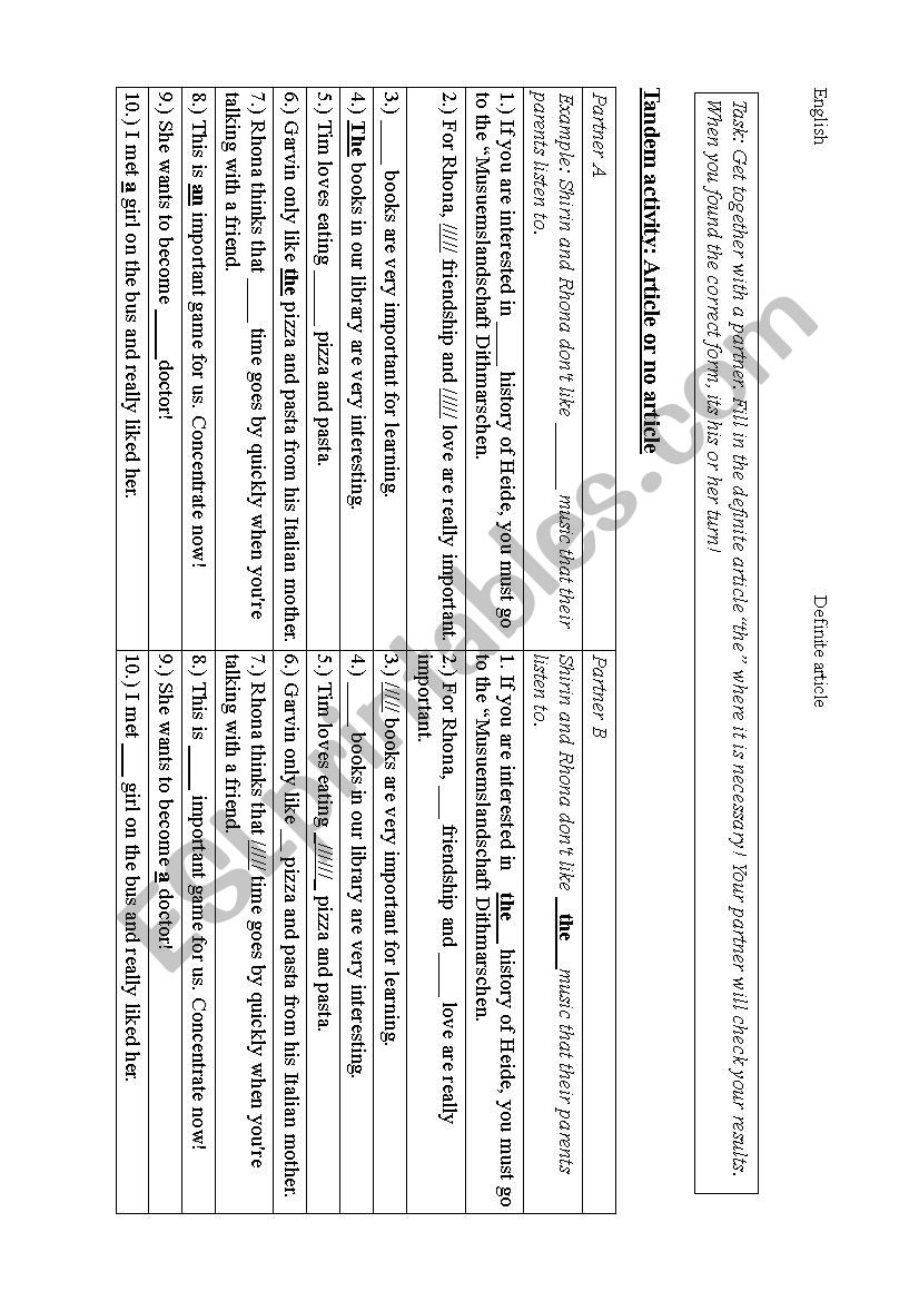 Tandem Activity - definite article