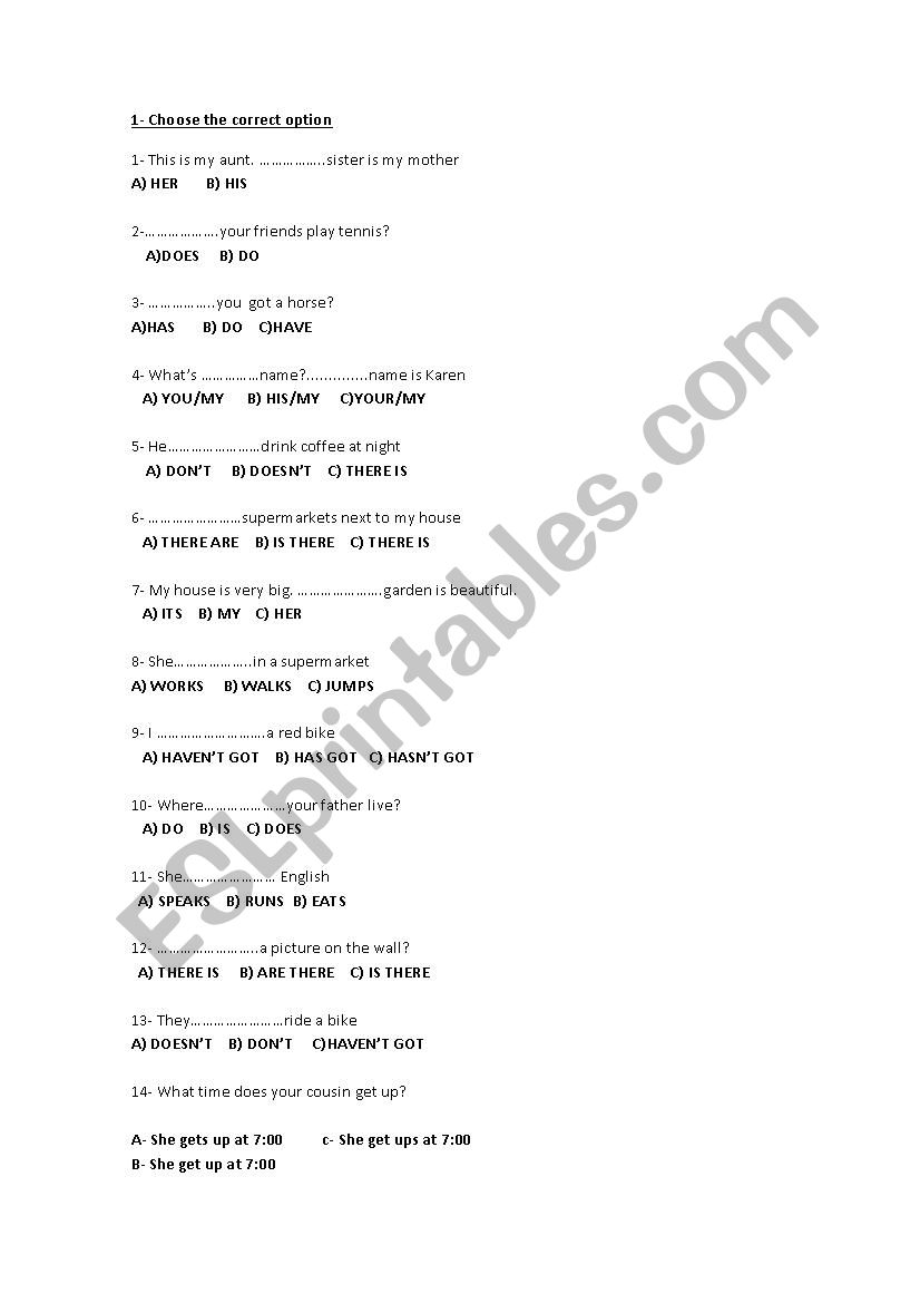 Multiple choice worksheet