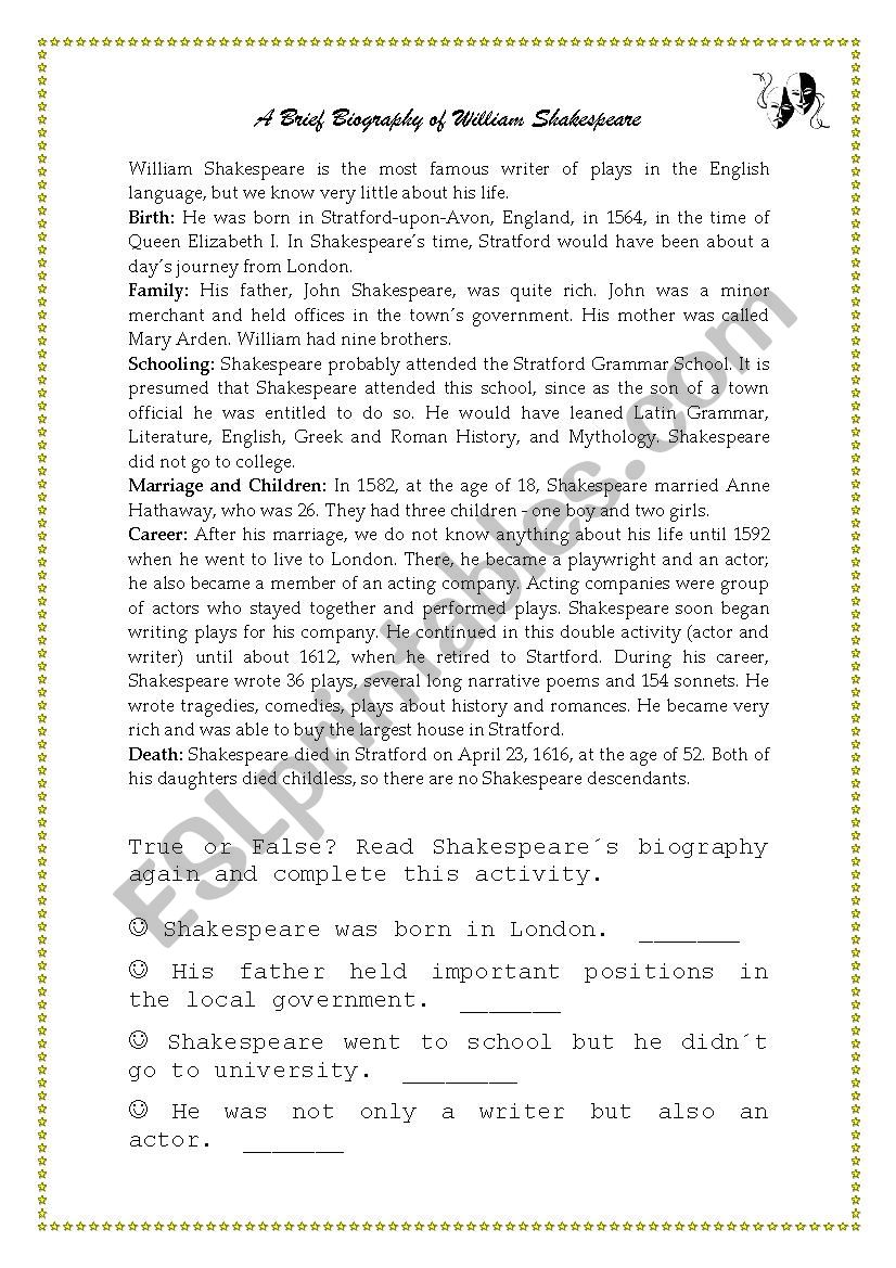 Shakespeares Biography worksheet