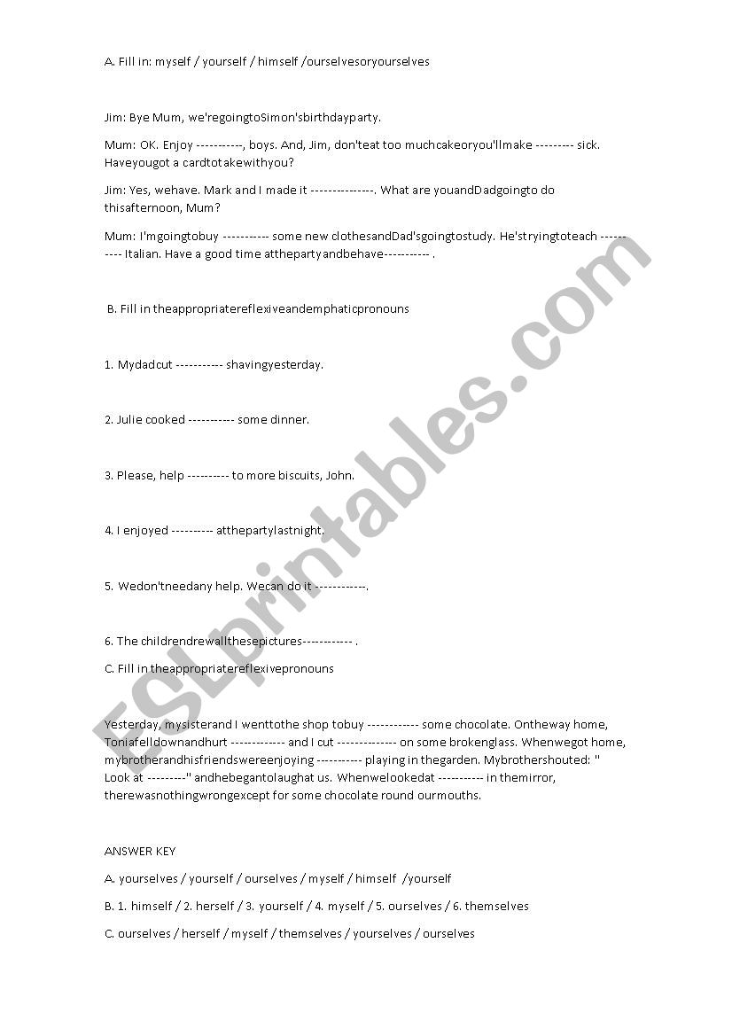 Reflexive Pronouns Exercises worksheet