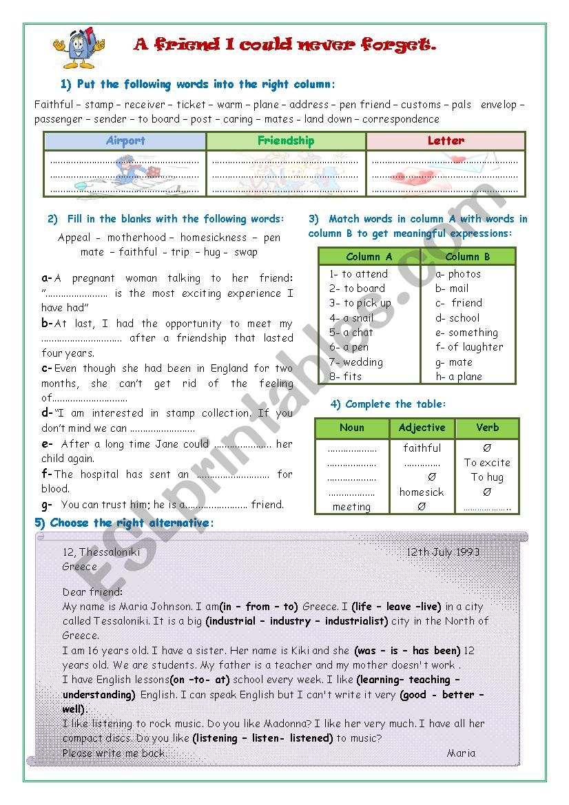 A friend I could never forget worksheet