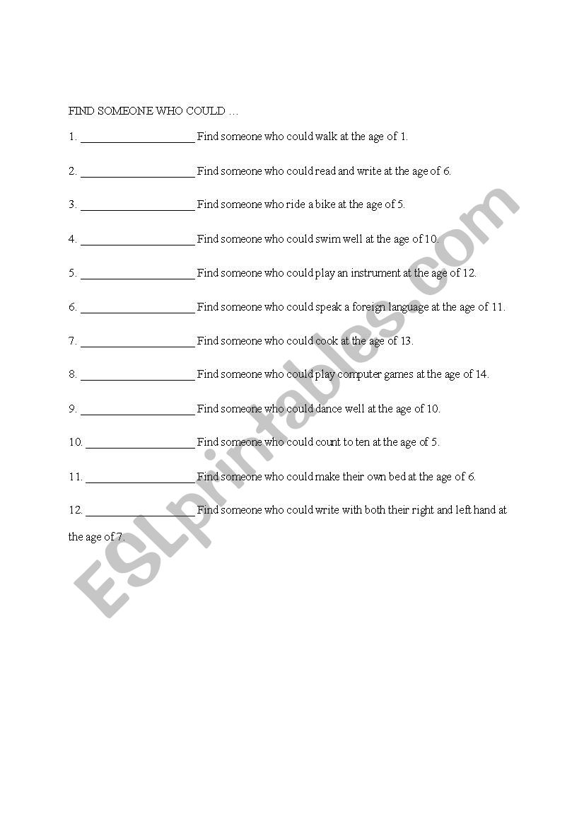 Find Somebody Who Could worksheet