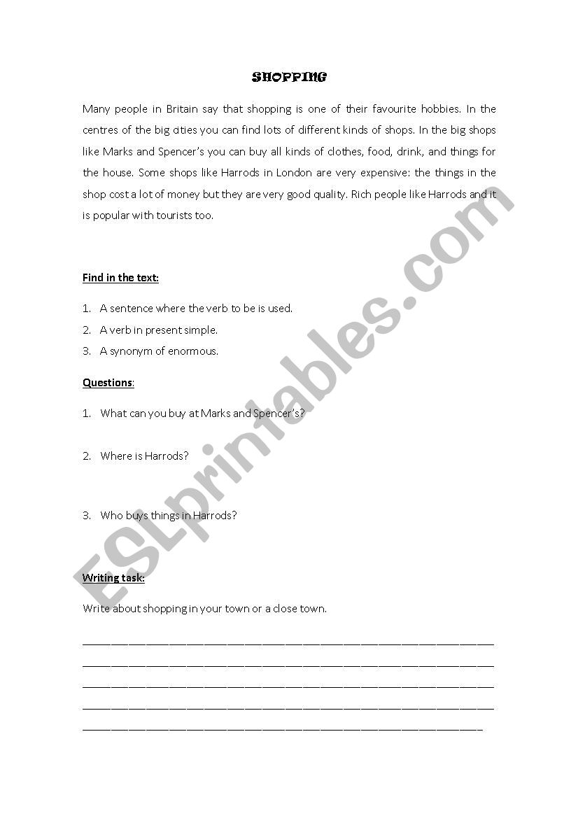 Shopping  worksheet