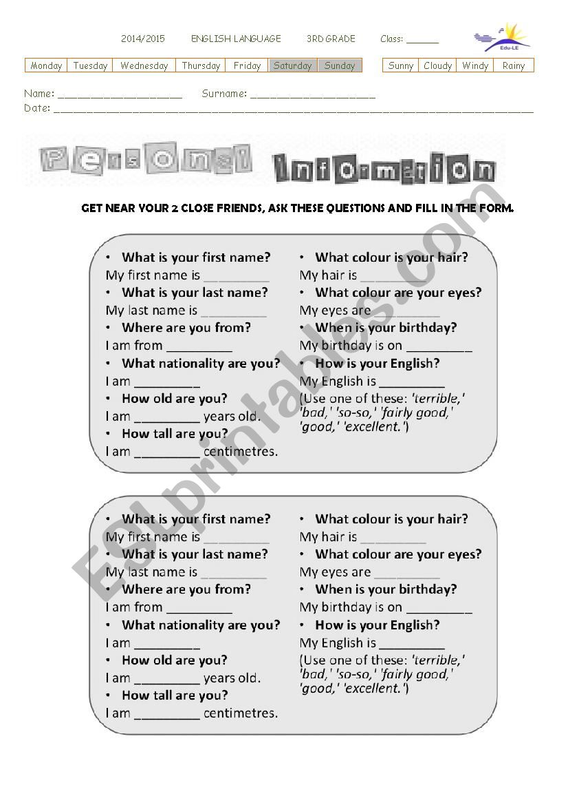 Personal information worksheet