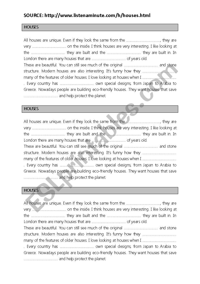 listening houses, home worksheet