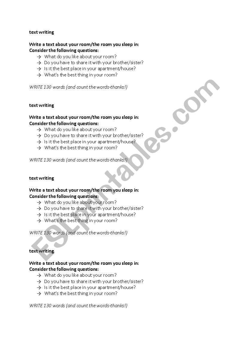 writing task: room  worksheet