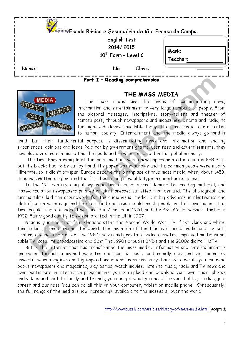 The Media - 10th grade test worksheet