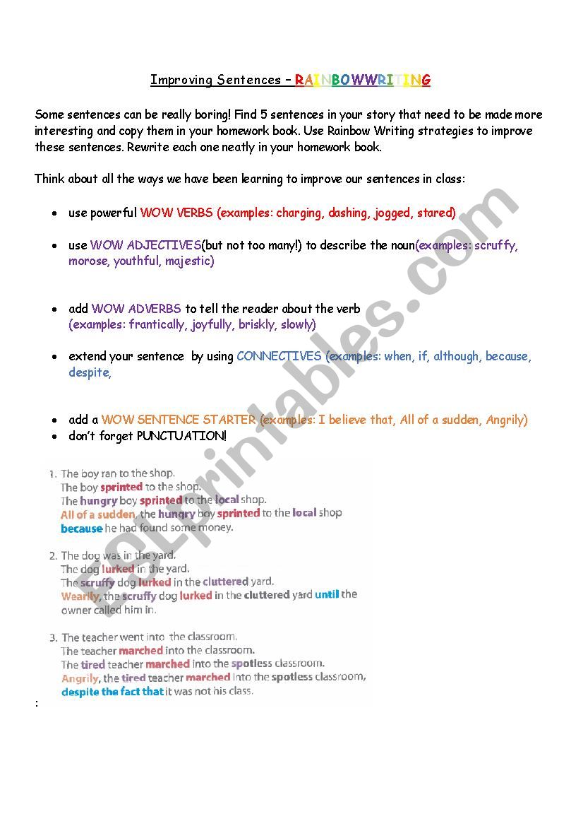 Rainbow Writing Improving Sentences ESL Worksheet By Katarinagrade1