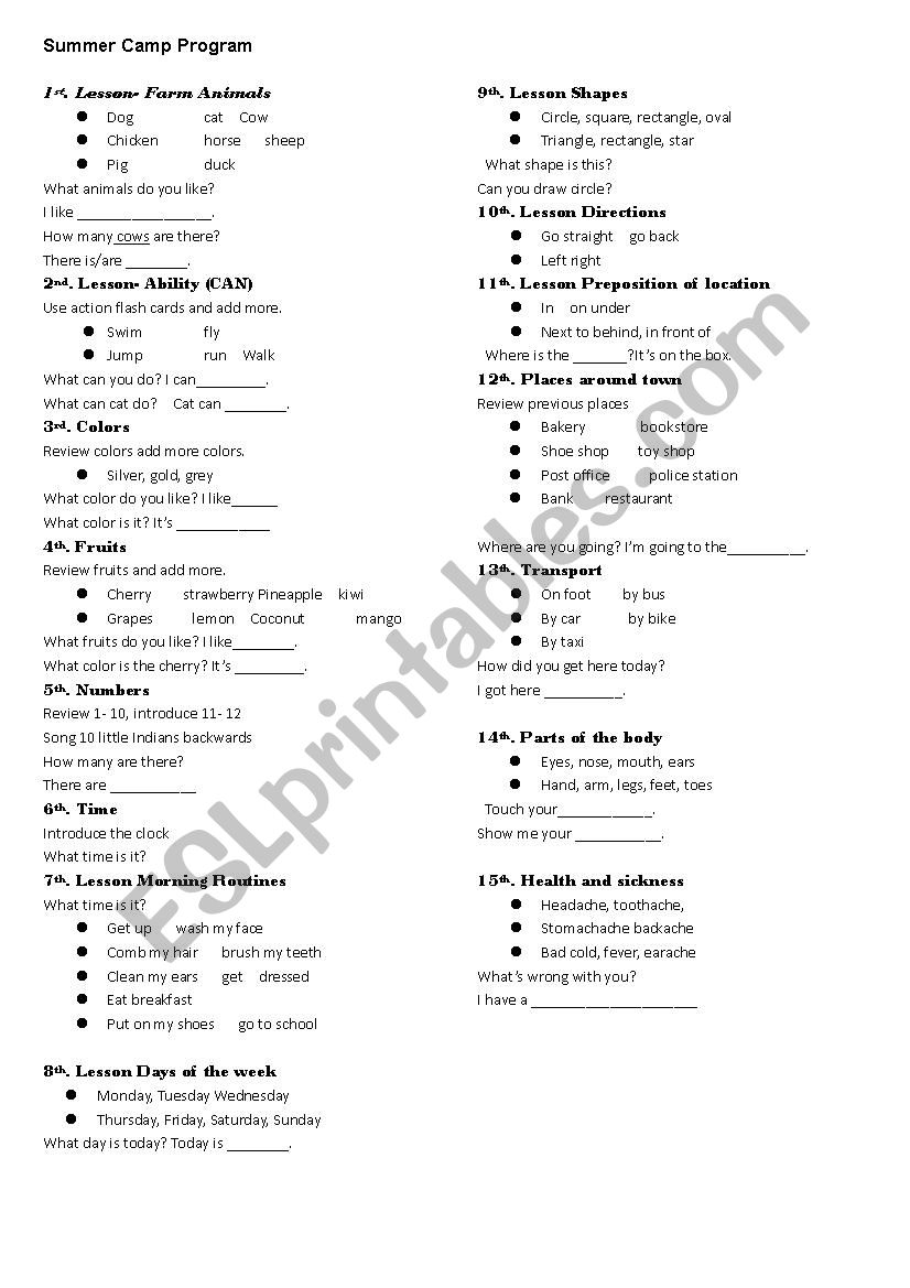 Lesson plan for summer camp program