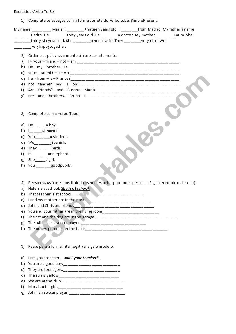 verb to be worksheet