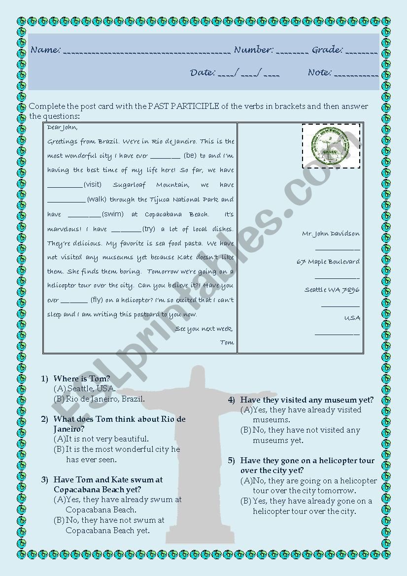 Post Card Rio de Janeiro worksheet