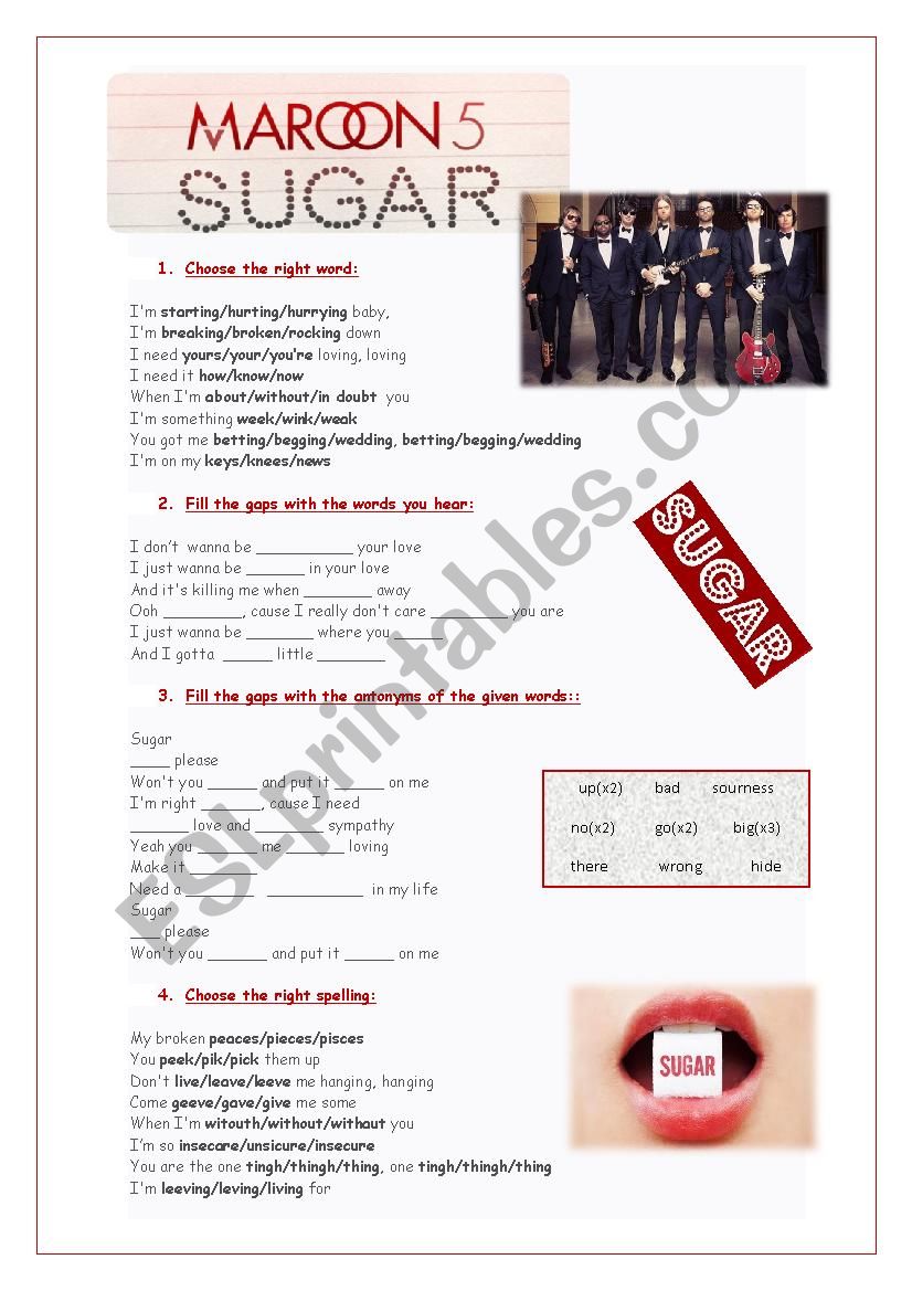 Song: Sugar - Maroon 5 worksheet