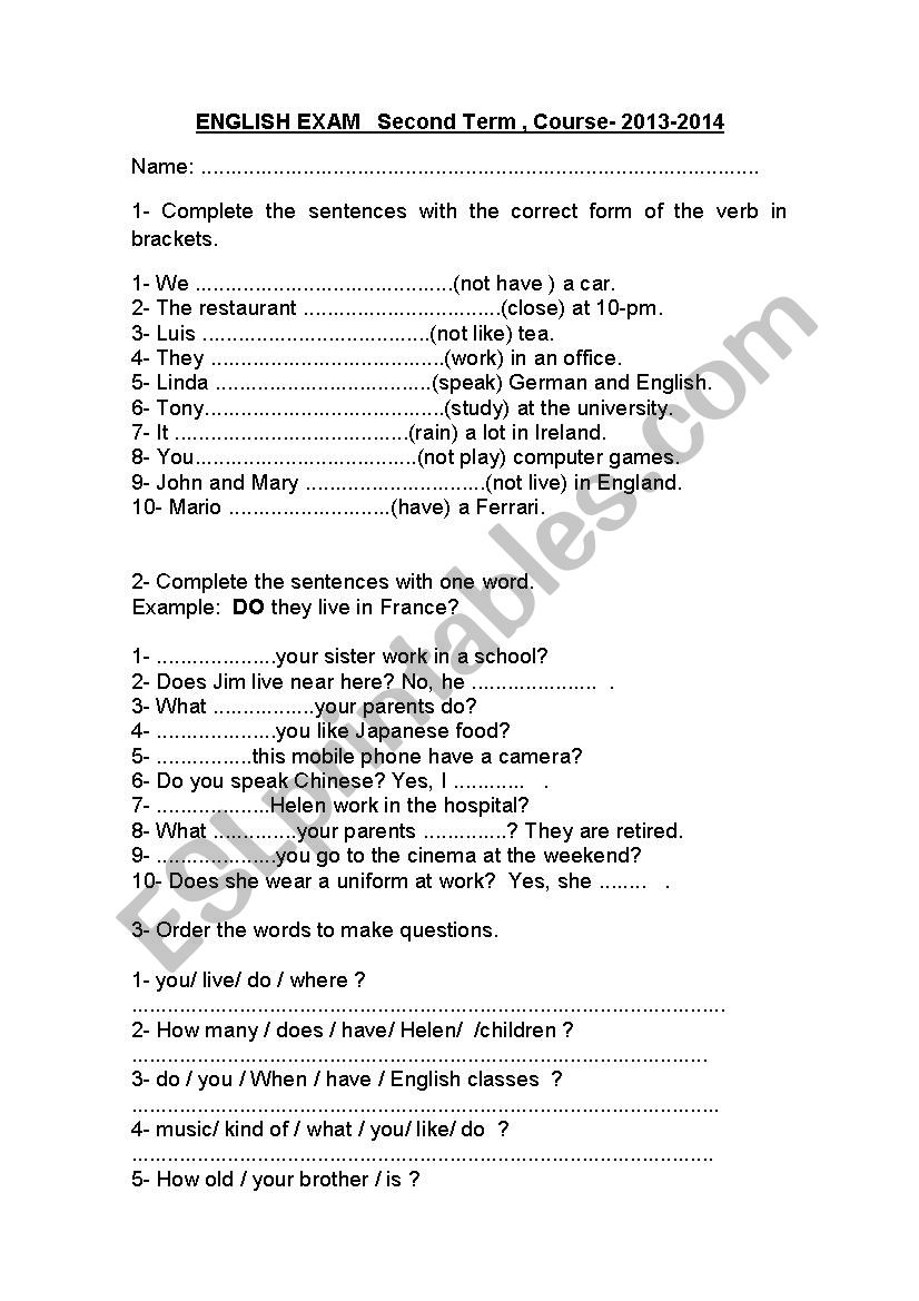 exam beginner present simple worksheet
