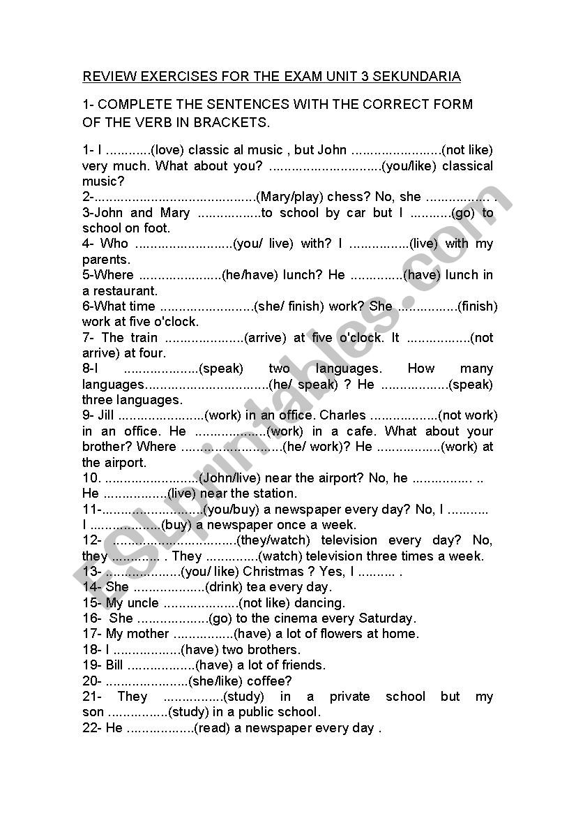 review exercises worksheet