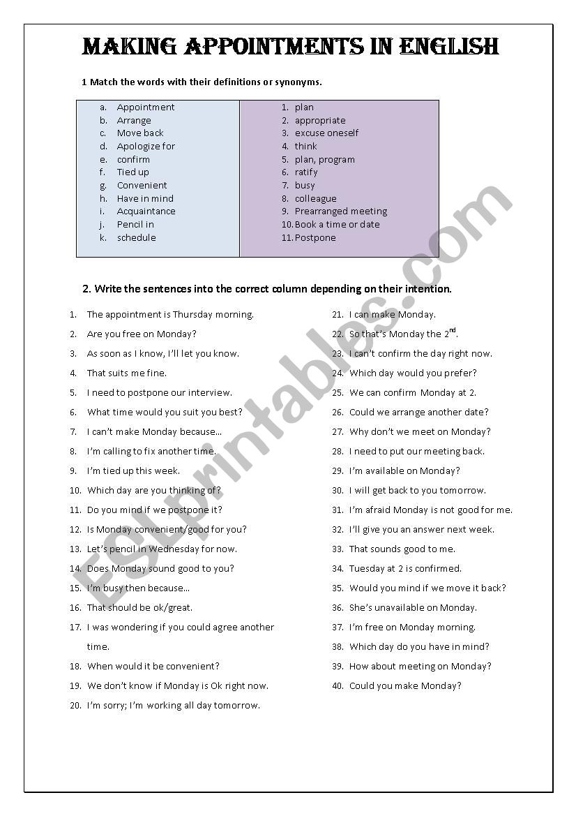 Making arrangements worksheet