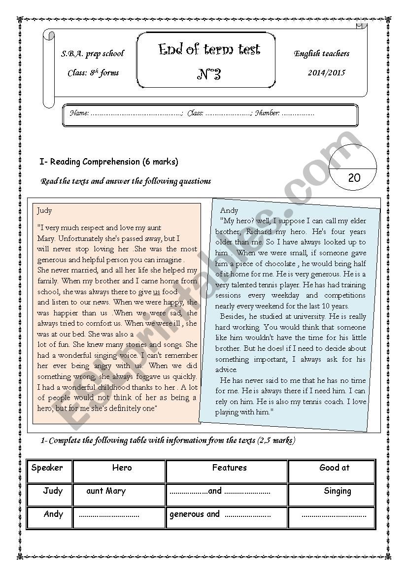 end of term test 3 ,8th form worksheet