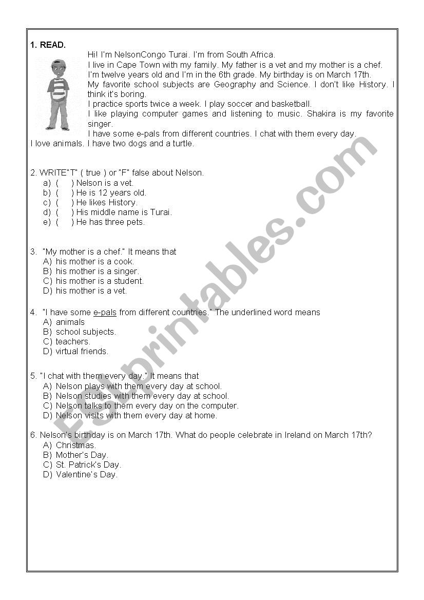 Reading comprehension worksheet