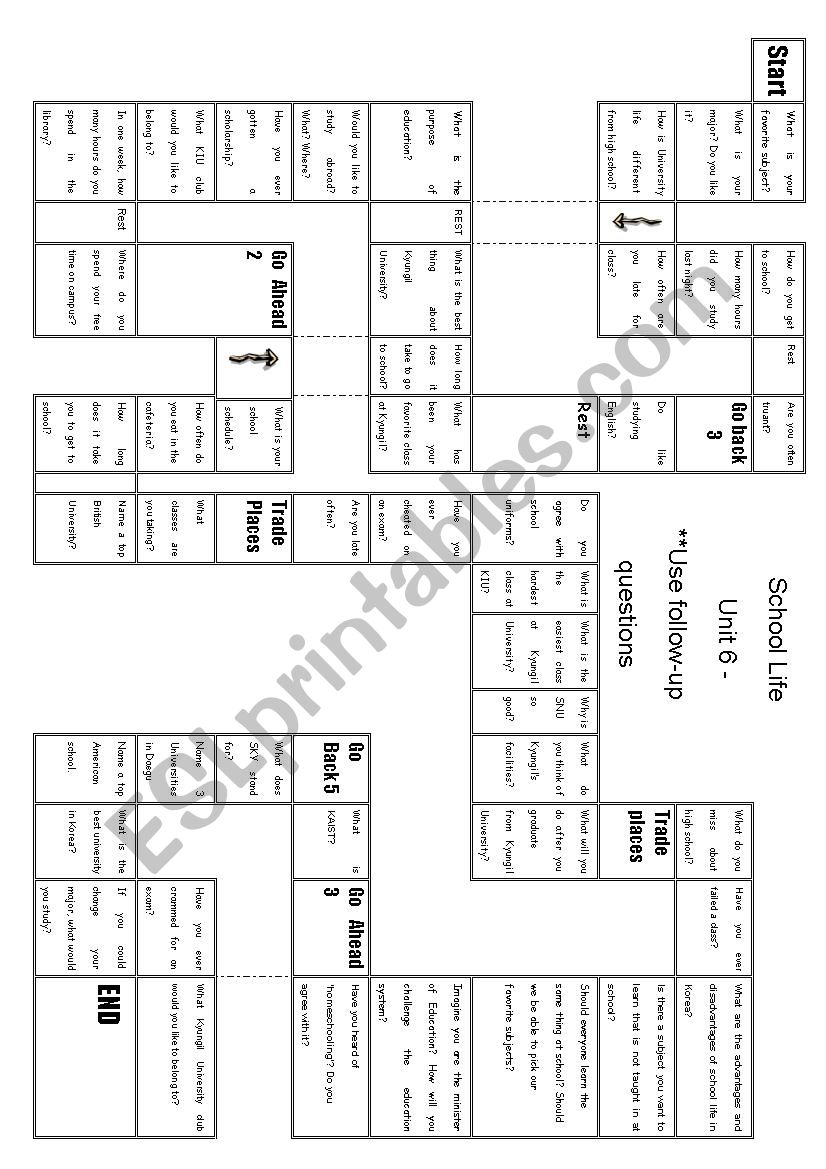 School life Board game worksheet