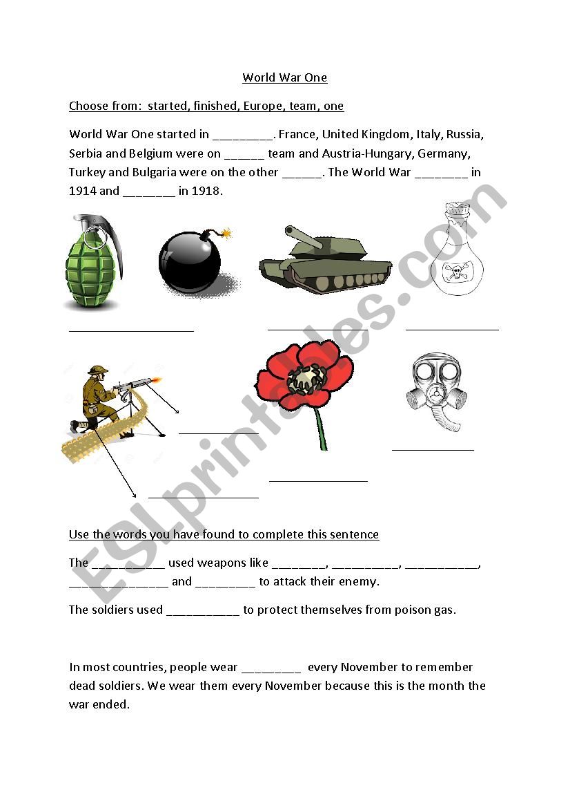 World War One Cloze activity worksheet