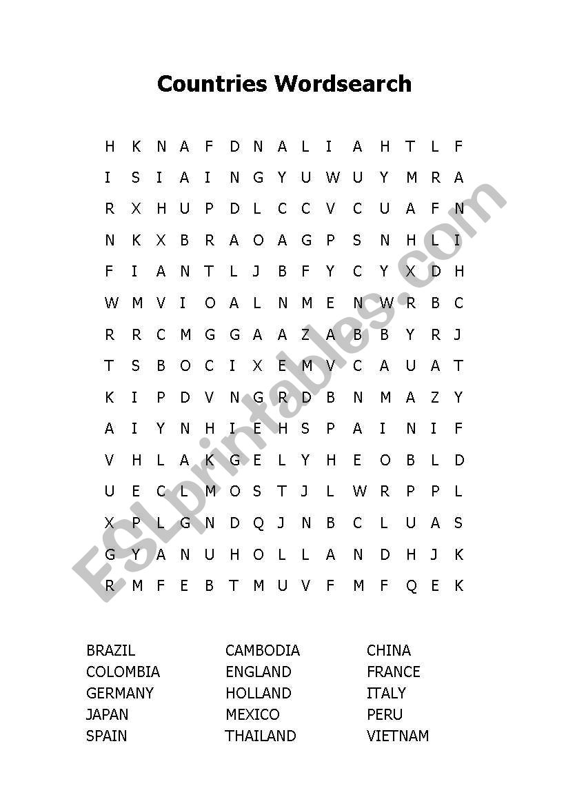 Countries Wordsearch worksheet