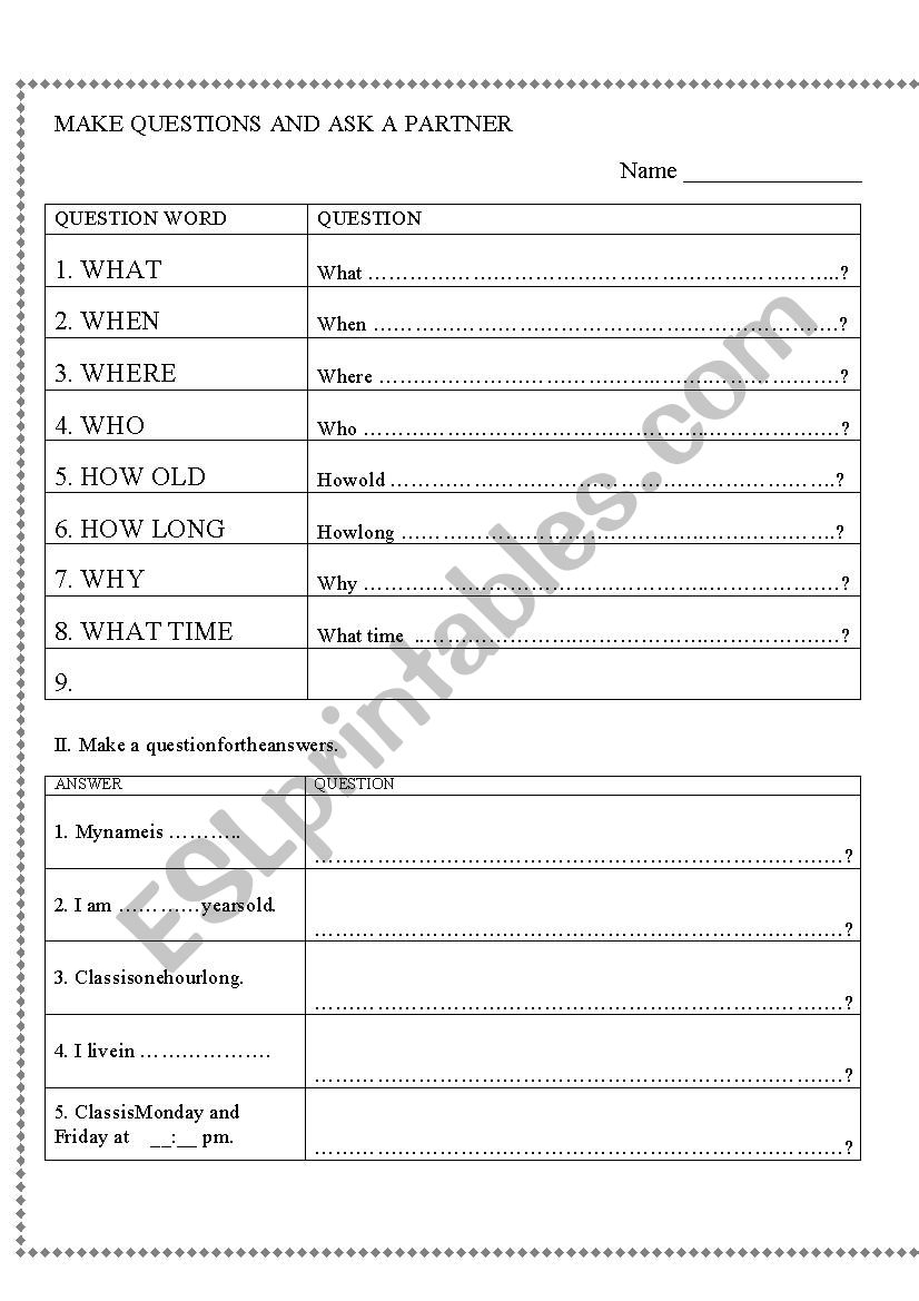 Make Questions and Answer worksheet