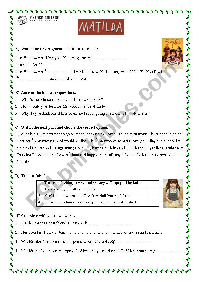 Worksheet for film Matilda on Roald Dahl