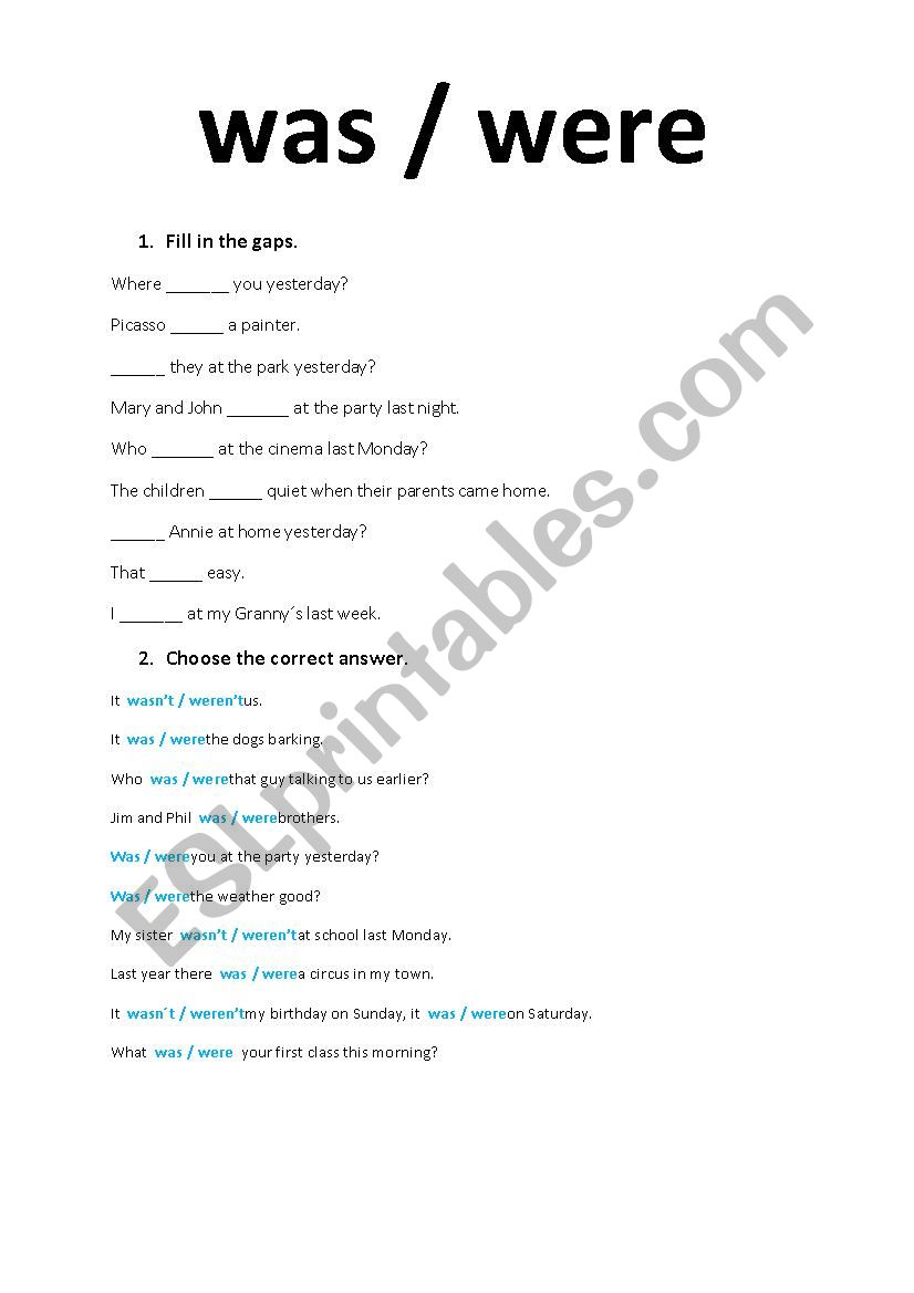 Was / were worksheet