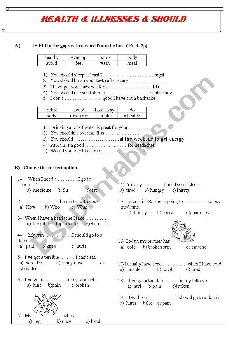 Healt and illnesses worksheet