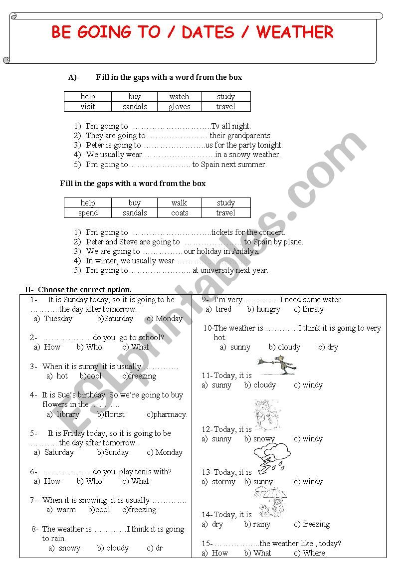 weather, dates, be going to worksheet