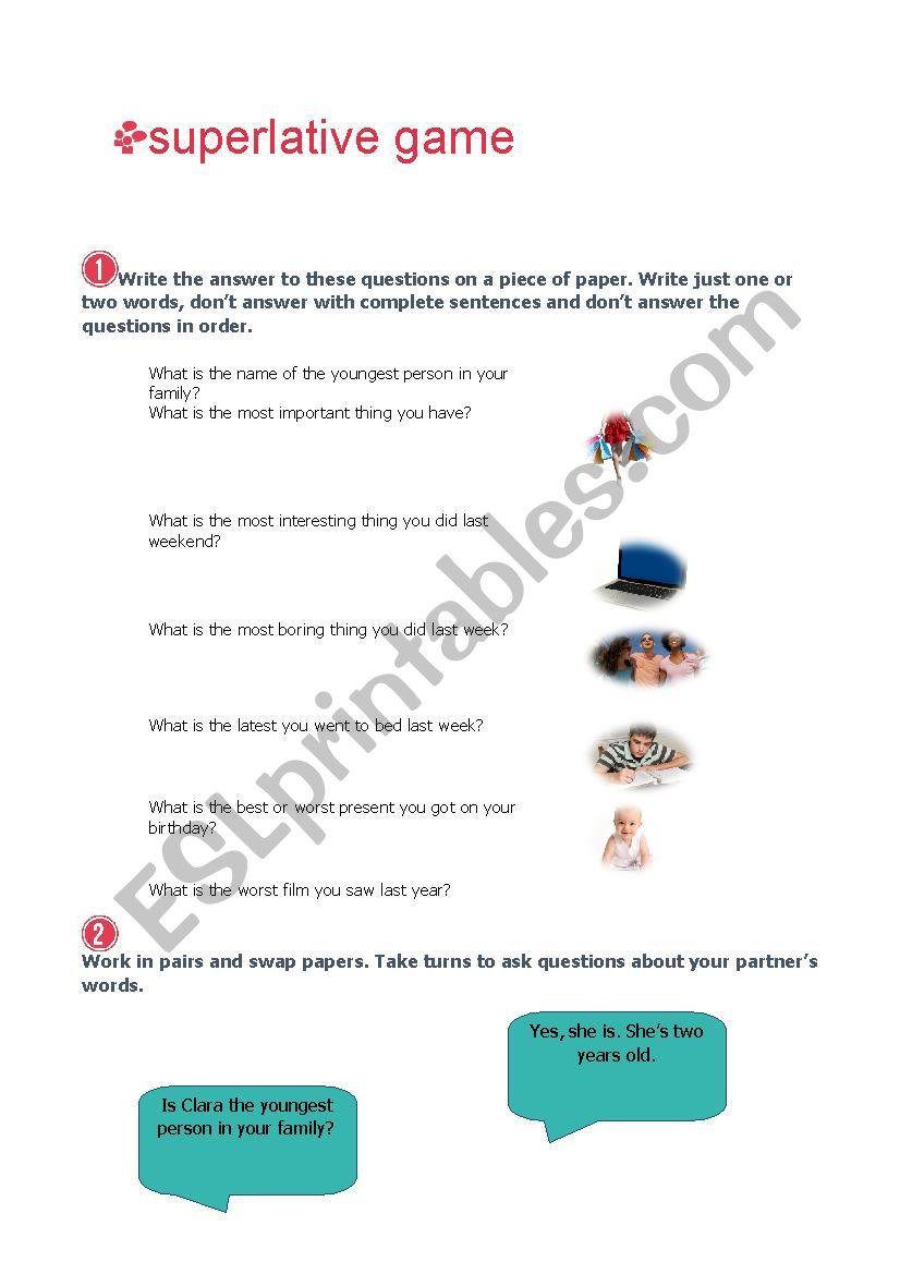 Superlatives- speaking game worksheet