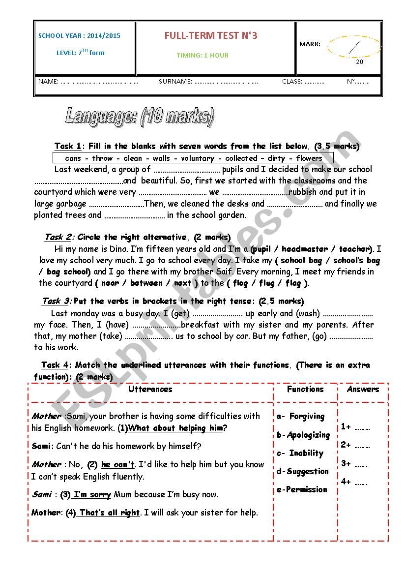 Full Term Test n3 - 7th form 