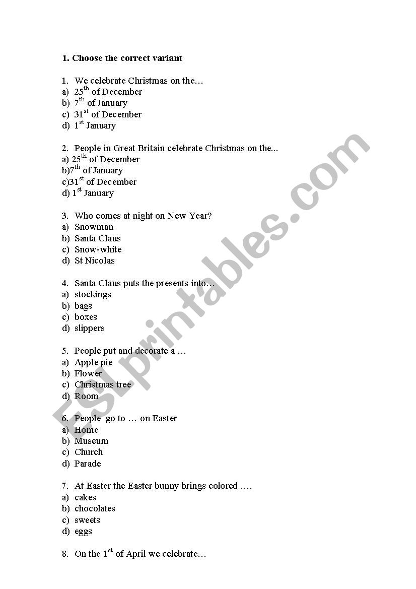 Holidays worksheet