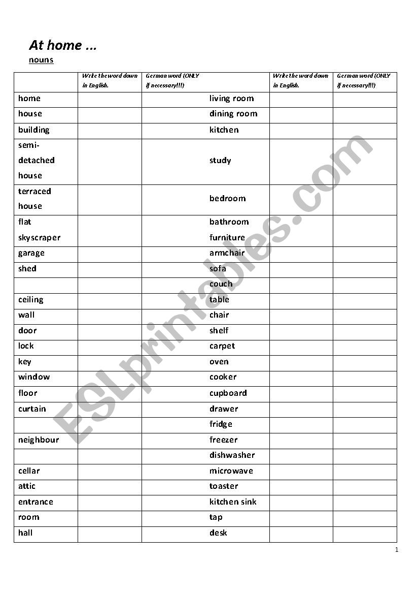 At home wordfield worksheet