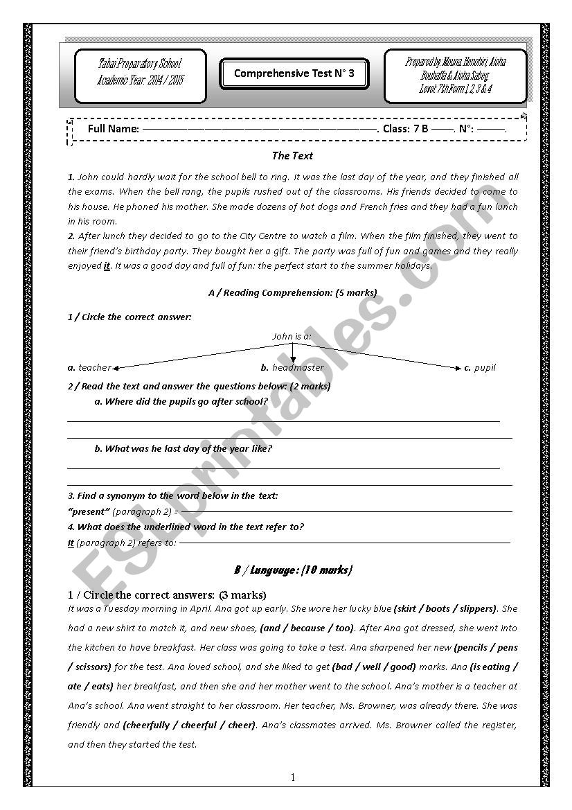 Comprehensive Test worksheet