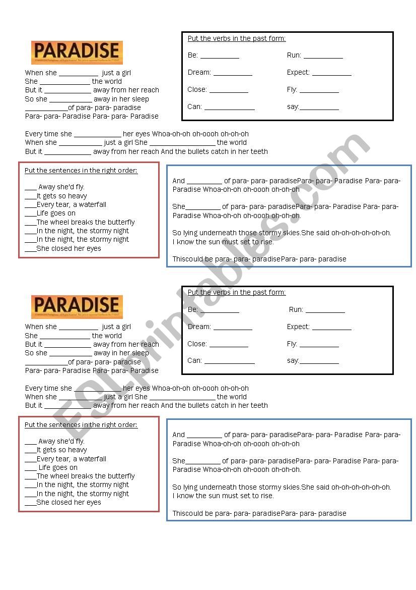 Song Paradise by Coldplay worksheet
