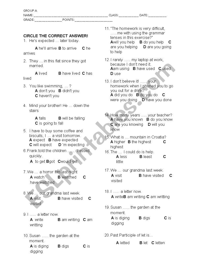 tenses, 8th grade worksheet