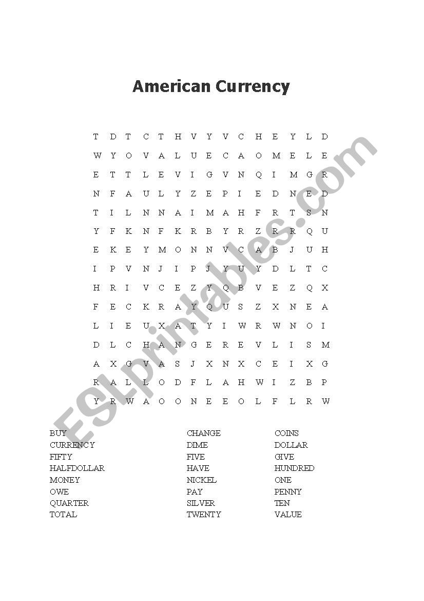 American Currency Wordsearch worksheet