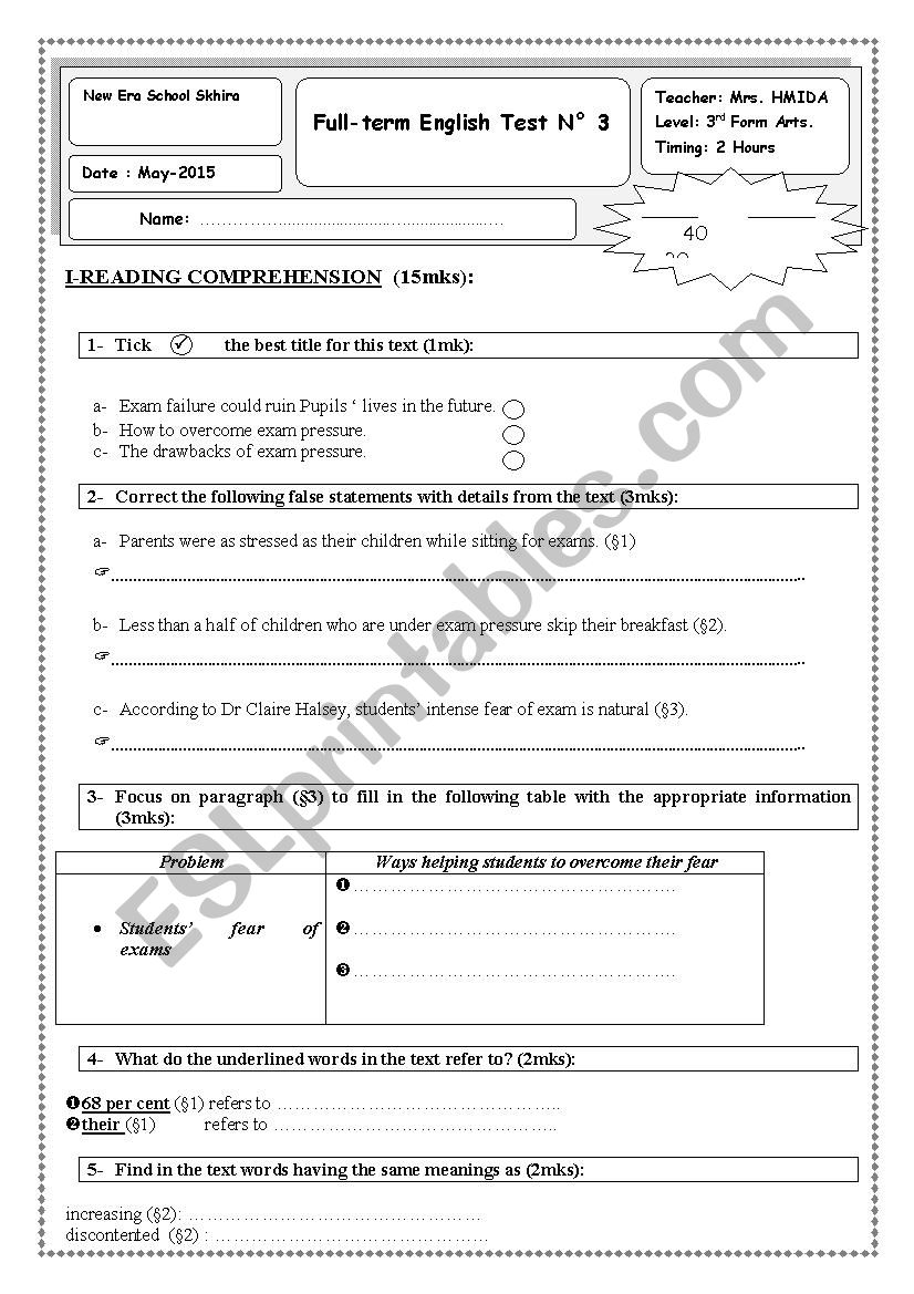 Exam 3rd Form Arts worksheet