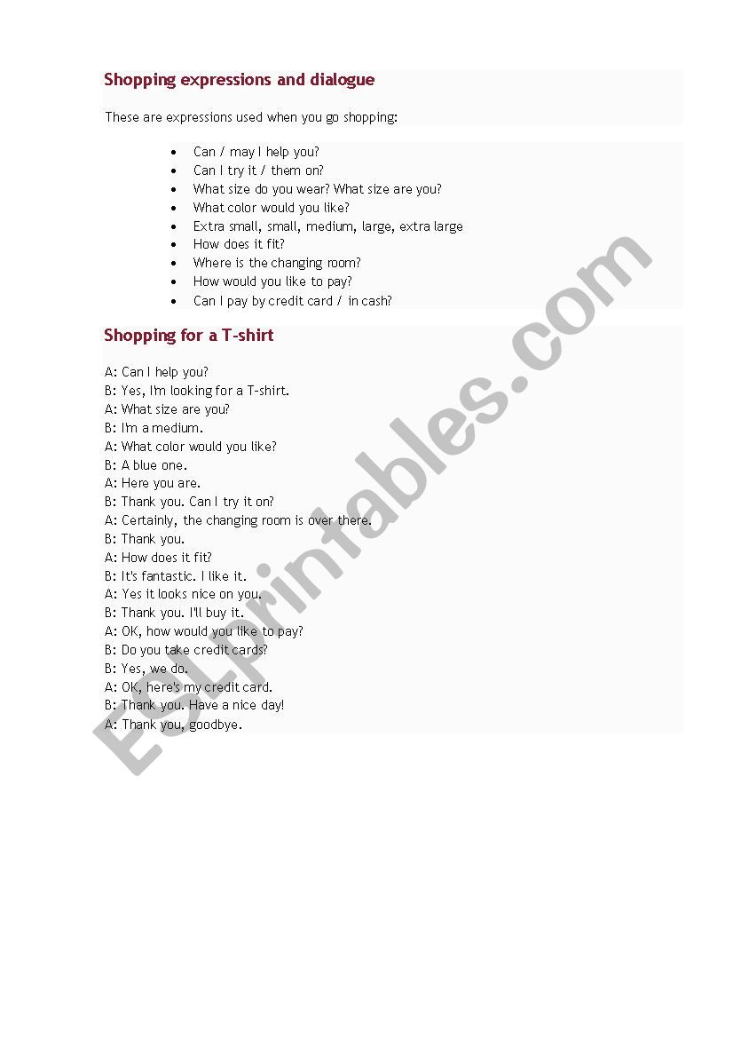 Shopping expressions worksheet